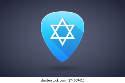 Illustration of a blue guitar pick icon with a David star