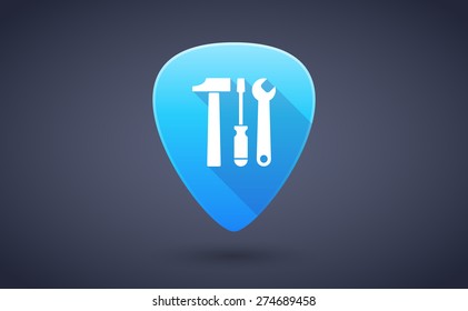 Illustration of a blue guitar pick icon with a tool set