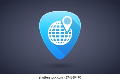 Illustration of a blue guitar pick icon with a world globe