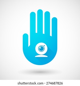 Illustration of a blue hand icon with a web cam