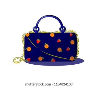 Illustration of blue handbag with chain and pattern of srawberry, orange. vector. Flat style. Fashion accessories. Template of element of logo for shop, icon, label, print.