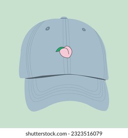 Illustration of a blue hat with a cool and trendy peach image. A fashionable hat that is suitable for returning to school, campus activities, sports, modeling and so on