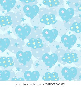 Illustration of blue heart, cloud, star pattern on a pastel blue background for cute wallpaper, fabric print, picnic blanket, Valentine card, backdrop, kid clothes, garment, textile, duvet, curtain