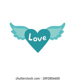 Illustration of blue Heart with wings and word "Love". Colorful vector icon for St Valentine's Day, Romantic design and colorful decoration. Vector illustration isolated on white.