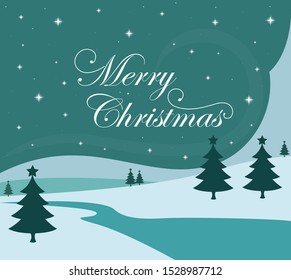 Illustration of a blue Hhristmas tree with a river in winter. Christmas eve. Christmas decoration with snowflakes. Merry christmas greeting. Calligraphy.