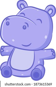 The illustration of the blue hippopotamus with the small ears is sitting in the floor with the happy face