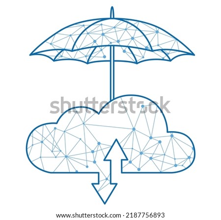 The illustration of blue icon of security upload-download cloud data computing with digital cyber cloud, arrow of upload-download, and safety protection umbrella.