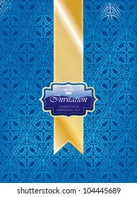 illustration with blue invitation label on golden tape