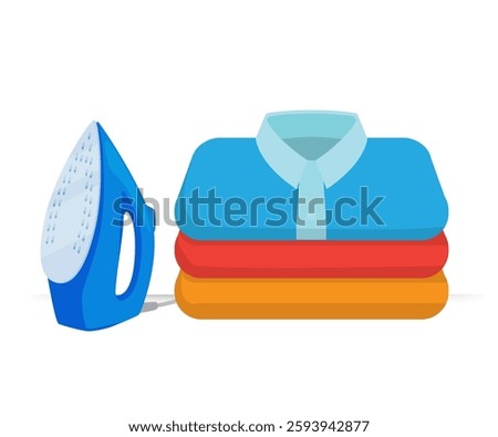 Illustration of a blue iron and a stack of folded clothes on a white background. stock illustration