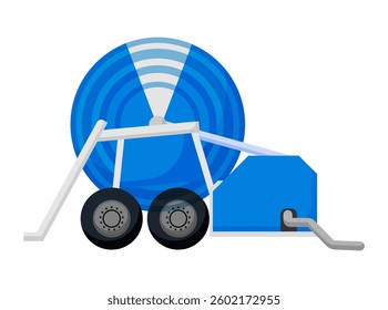 Illustration of a blue irrigation machine, essential for watering crops in large agricultural fields. Isolated on a white background.