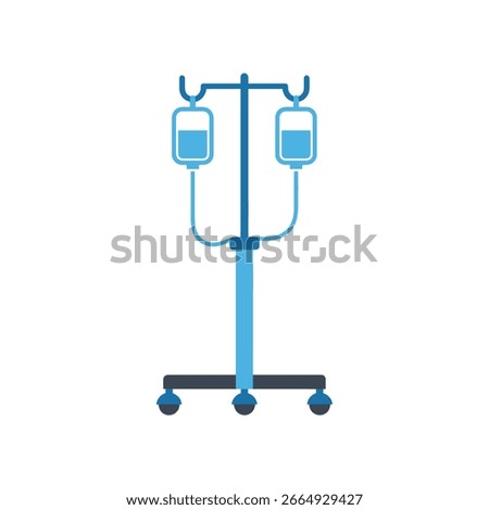 An illustration of a blue IV stand with two hanging bags of clear liquid, featuring a central pole and a wheeled base.