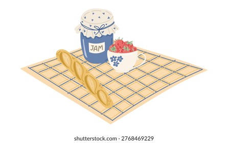 Illustration of a blue jam jar with a lid, a cup of strawberries, and a loaf of bread on a checkered tablecloth in a bright, colorful setting