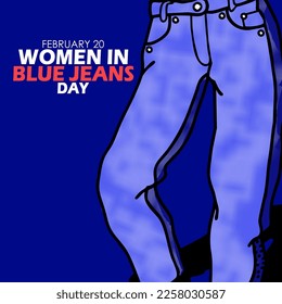 Illustration von Blue Jeans mit fett gedrucktem Text auf dunkblauem Hintergrund zum Gedenken an die Frauen in Blue Jeans Days am 20. Februar
