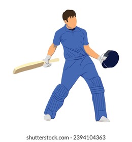 Illustration of blue jersey cricketer with helmet and bad.