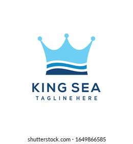 Illustration Blue King Crown and Water Sea Waves for Boat Ship logo design