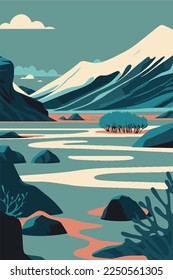  illustration of Blue Lagoon, Iceland city travel tourist attraction poster lake mountain nature in vector flat color