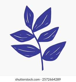 Illustration of a blue leaf with multiple leaves on a stem. Blue leaf design on a white background. Simple blue leaf art with a minimalist style. Doodle vector illustration isolated on white.