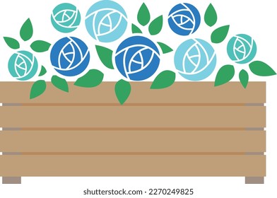 Illustration of blue and light blue roses in a planter