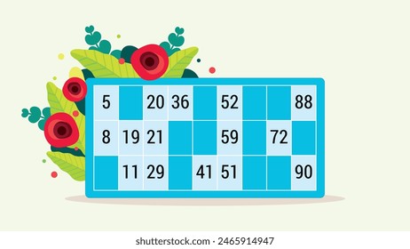 Illustration of a blue lotto card decorated with a bouquet of field flowers, green leaves and red poppies, the lottery game and its grid of winning numbers, activity for seniors in a community center.