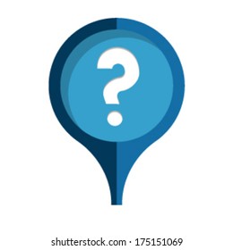 the illustration of blue map pin with question mark icon / the pin tag with question mark / the pin
