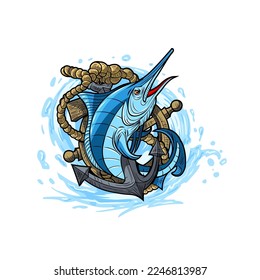 Illustration of a Blue Marlin with a ship's anchor and rudder. Fishing team logo.