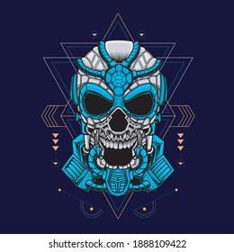 Illustration of blue mecha robot skull with geometric pattern. Suitable for the design of t-shirts, stickers, mechendise, etc.