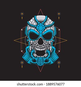 Illustration of blue mecha robot skull with geometric pattern. Suitable for the design of t-shirts, stickers, mechendise, etc.