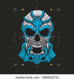 Illustration of blue mecha robot skull with geometric pattern. Suitable for the design of t-shirts, stickers, mechendise, etc.