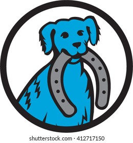 Illustration of a blue merle dog biting horseshoe viewed from front set inside circle on isolated background done in retro style. 
