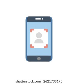 Illustration of a blue modern smartphone with facial recognition scanning interface. Flat design and simple composition centered on device.