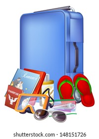 Illustration of a blue modern trolley case and holiday items ready for packing