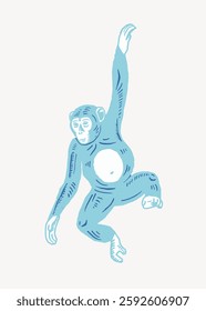 Illustration of a blue monkey swinging. The monkey, in blue, has a playful pose. Blue monkey art with a swinging motion, highlighting its playful nature. Isolated vector illustration.