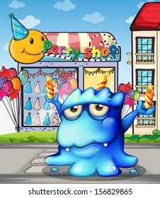 Illustration of a blue monster balancing the candles in front of the party shop at the street