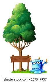 Illustration of a blue monster balancing the candles beside the empty wooden signage on a white background