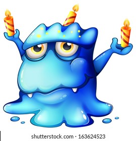 Illustration of a blue monster celebrating a birthday on a white background