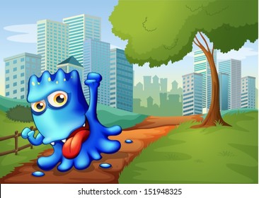Illustration of a blue monster in the city
