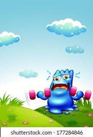 Illustration of a blue monster exercising at the hilltop