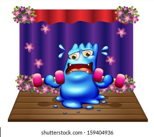 Illustration of a blue monster exercising in the middle of the stage on a white background