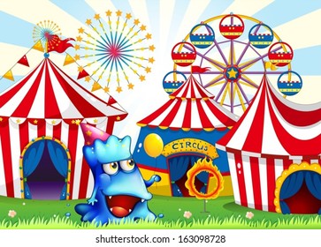 Illustration of a blue monster near the circus tents