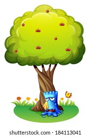 Illustration of a blue monster sobbing under the tree on a white background