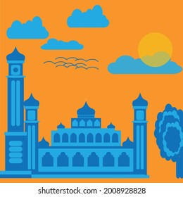 Illustration of a blue mosque in the afternoon. Can be used for wallpaper, banner, poster, background, stamp image.