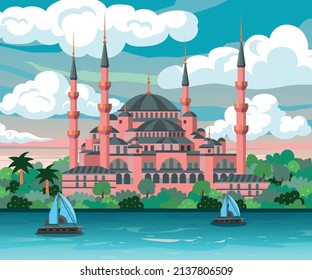 illustration of The Blue Mosque in turkey. Ottoman era mosque.