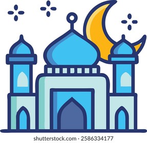 An illustration of a blue mosque under a crescent moon and stars, symbolizing night prayers during Ramadan.