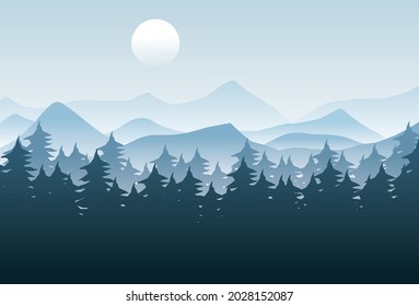 illustration of blue mountains and the moon flat design vector