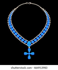 illustration blue necklace with a cross from jewels