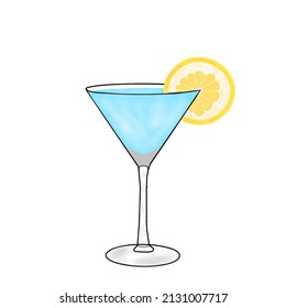 illustration of blue ocean drink with added lemon in cocktail glass