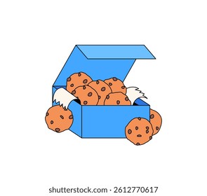 illustration of a blue open box overflowing with chocolate chip cookies Cartoon Illustration hand drawn vector