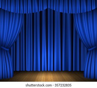 Illustration Blue Open Curtains Wooden Stage Stock Vector (Royalty Free ...