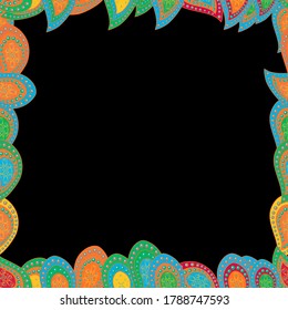 Illustration in blue, orange and black colors. Doodle frame. Seamless pattern. Vector illustration.