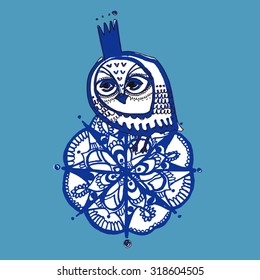 Illustration with blue owl.